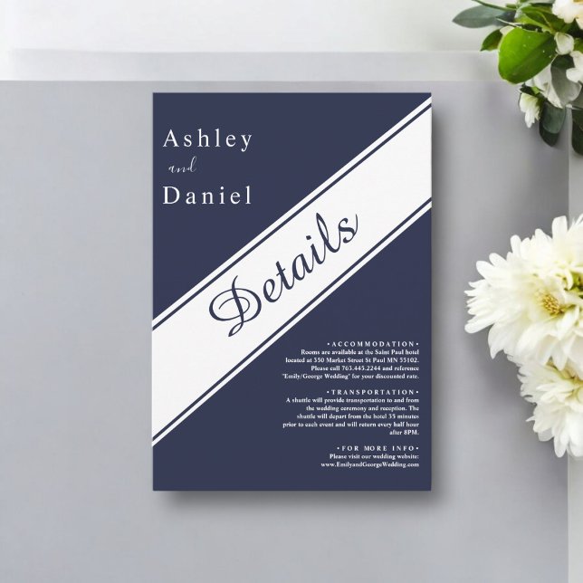 Cartão De Informações Casamento Delicado Branco Azul-Marinho Elegante (Criador carregado)