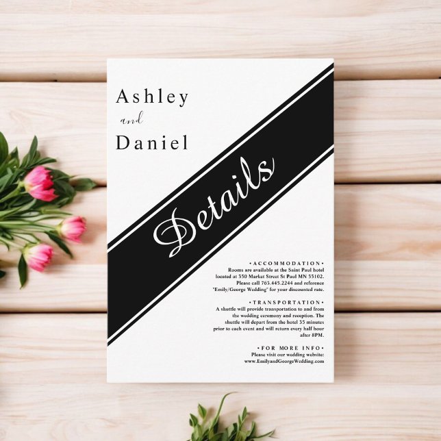 Cartão De Informações Casamento Delicado Branco E Preto Moderno Elegante (Criador carregado)