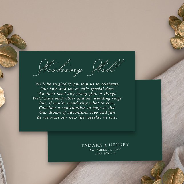 Cartão De Informações Casamento Desejando Bem Caligrafia Emerald Green (Simple elegant wedding wishing well card in emerald green from my Wedding Colors collection)