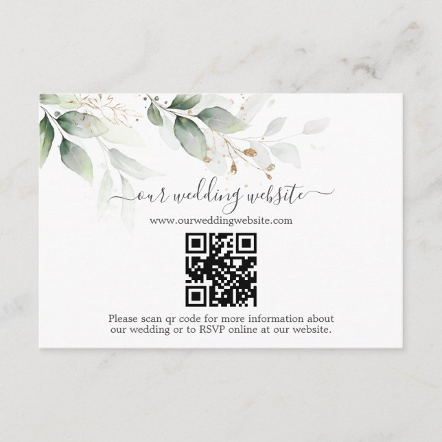Cartão De Informações Casamento do Código QR Eucalyptus Dourado Elegante (Frente)