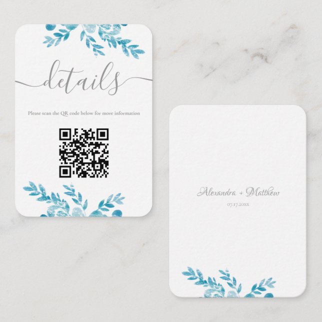 Cartão De Informações Casamento do Código QR Floral Azul Elegante (Frente/Verso)