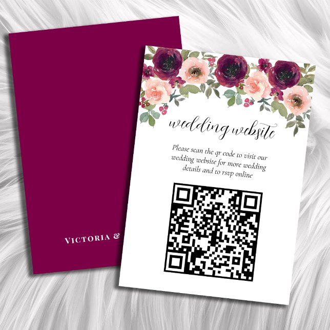 Cartão De Informações Casamento do Código QR Floral do Burgundy (Criador carregado)