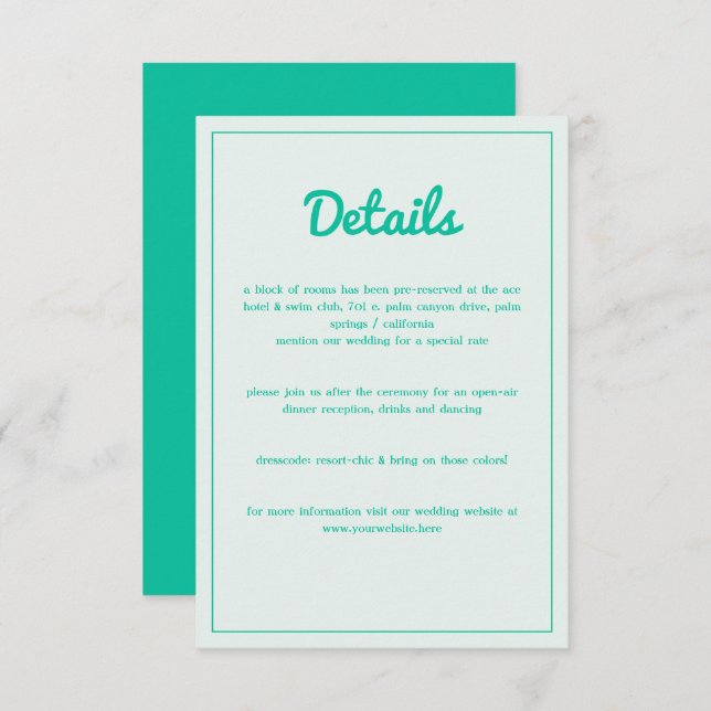 Cartão De Informações Casamento do Modern Bold Emerald Mint Green Retro  (Frente/Verso)