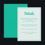 Cartão De Informações Casamento do Modern Bold Emerald Mint Green Retro<br><div class="desc">Celebre seu casamento em estilo com a papelaria de casamento em negrito Emerald Mint Green. As fontes escolhidas dão algumas vibrações retroativas e você pode personalizar estas cartas de RSVP de Casamento da Casinha com seu próprio texto. Este design faz parte de um convite de casamento com convites de casamento...</div>
