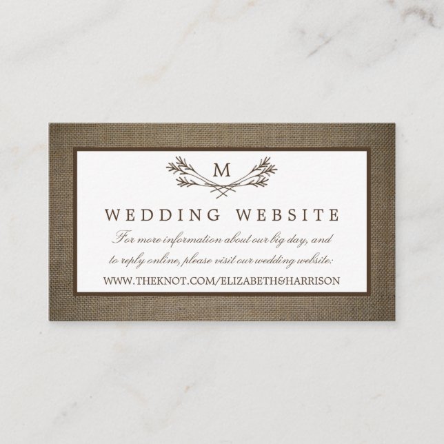 Cartão De Informações Casamento do Monograma Russo do País & Burlap (Frente)