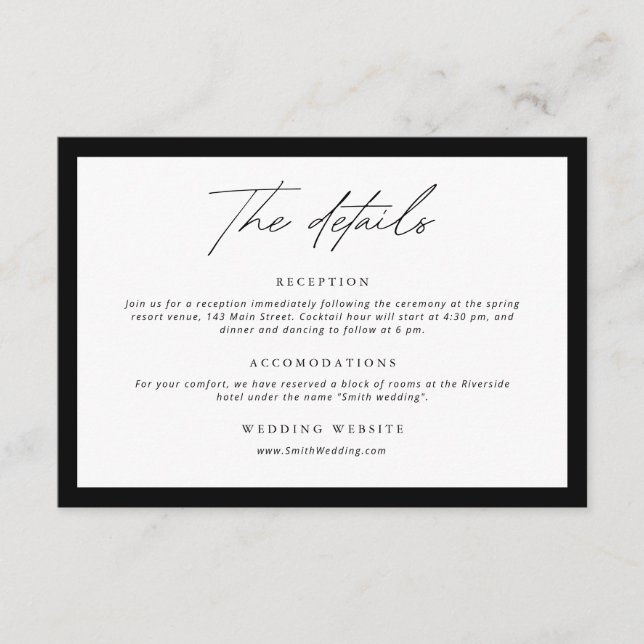 Cartão De Informações Casamento dos Detalhes do Branco Preto da Excursão (Frente)