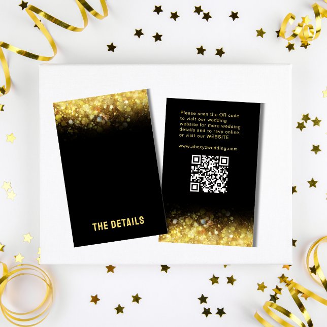 Cartão De Informações Casamento Dourado com Glam Moderno Negro (Black Gold Glitter Glam Modern Wedding  Enclosure Card)