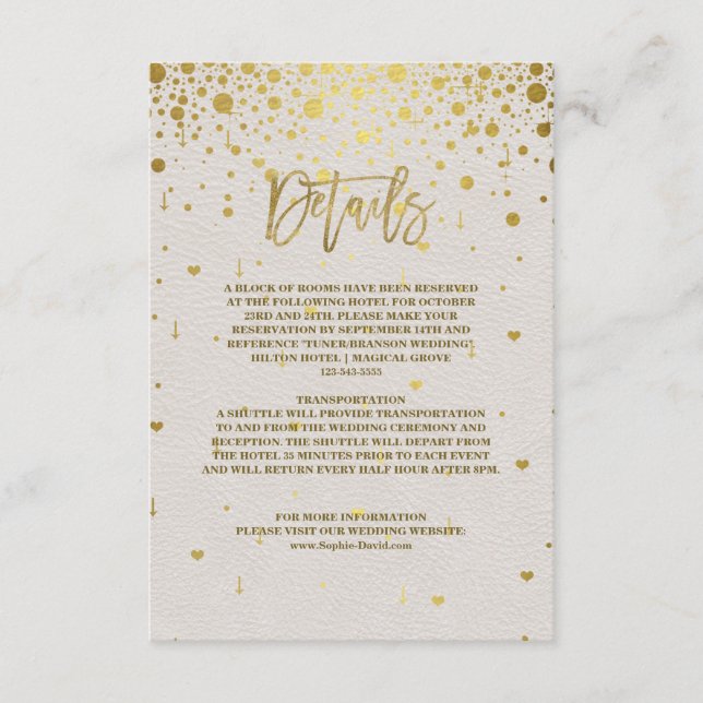 Cartão De Informações Casamento Dourado de Confetti com Couro Branco Ele (Frente)