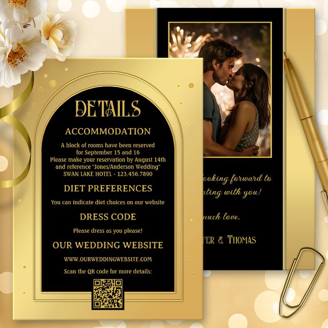 Cartão De Informações Casamento Dourado de Confetti Negro (wedding enclosure card in gold and black with sparkling confetti glitters - with QR code and photo)