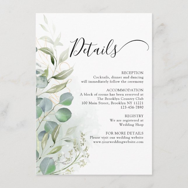 Cartão De Informações Casamento Dourado de Eucalyptus com Aquarela Verde (Frente)