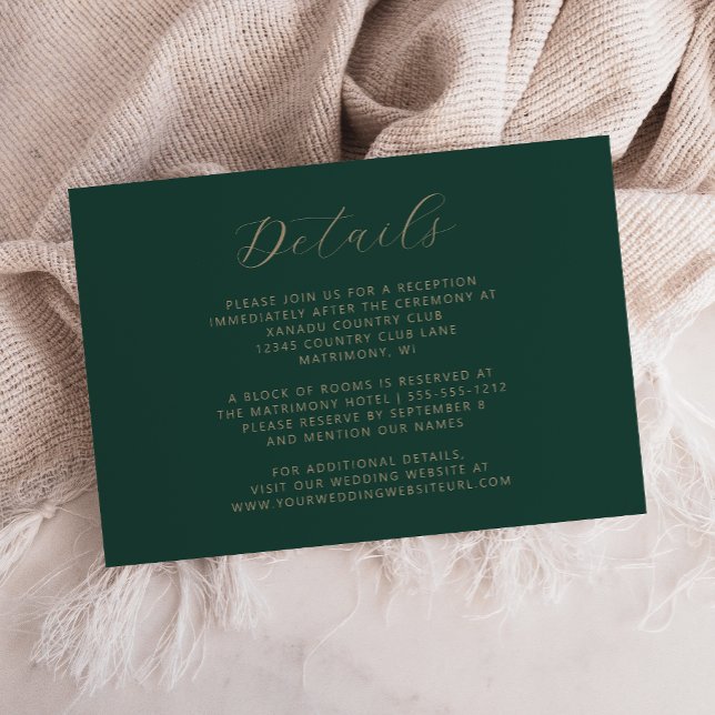 Cartão De Informações Casamento Dourado de Script Emerald Green (Criador carregado)