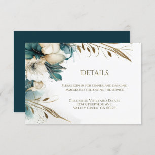 Cartão De Informações Casamento Dourado do Teal Floral Elegante Greenery