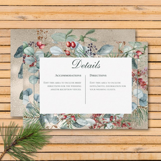 Cartão De Informações Casamento Dourado dos Detalhes do Natal de inverno (Winter Christmas Greenery Gold Details Wedding Enclosure Card)