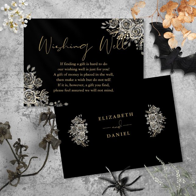 Cartão De Informações Casamento Dourado E Preto De Desejo Fértil Gótico (Black And Gold Gothic Floral Wishing Well Wedding Enclosure Card)