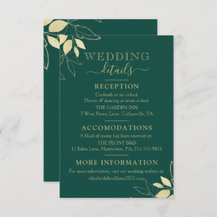 Cartão De Informações Casamento Dourado Foliage Emerald Green & Faux