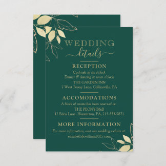 Cartão De Informações Casamento Dourado Foliage Emerald Green & Faux