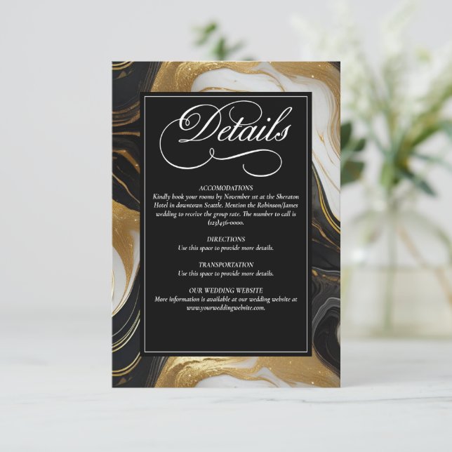 Cartão De Informações Casamento Dourado, Preto e Branco Marmoreado Elega (Em pé/Frente)