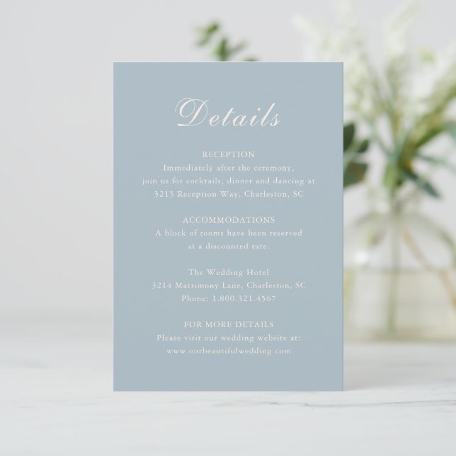 Cartão De Informações Casamento Elegante Azul Clássico Muted (Em pé/Frente)