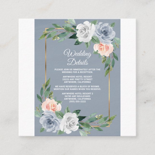 Cartão De Informações Casamento Elegante Azul Poeira Dourado Rosa Bege (Frente)