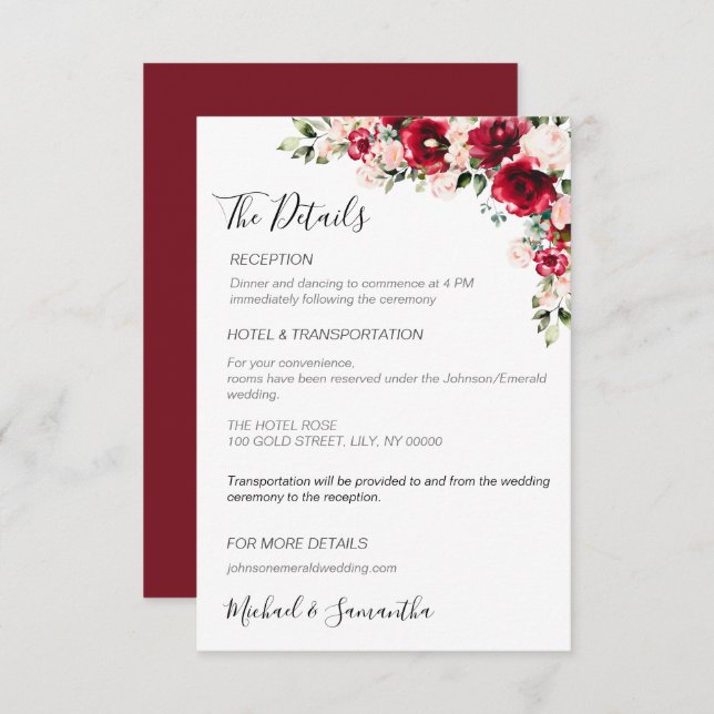 Cartão De Informações Casamento Elegante Blush e Rosa vermelha (Frente/Verso)