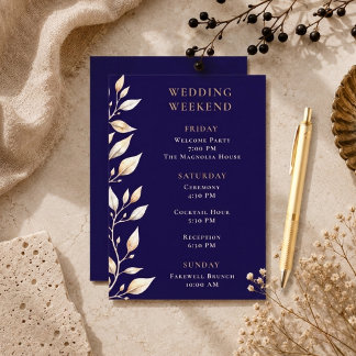 Cartão De Informações Casamento Elegante com Bordadura Botânica Azul-Mar