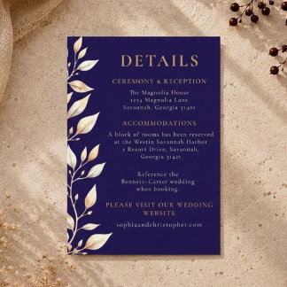 Cartão De Informações Casamento Elegante com Bordadura Botânica Azul-Mar