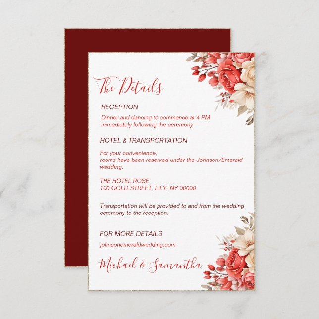 Cartão De Informações Casamento Elegante com Rosas Vermelhas e Marfim (Frente/Verso)