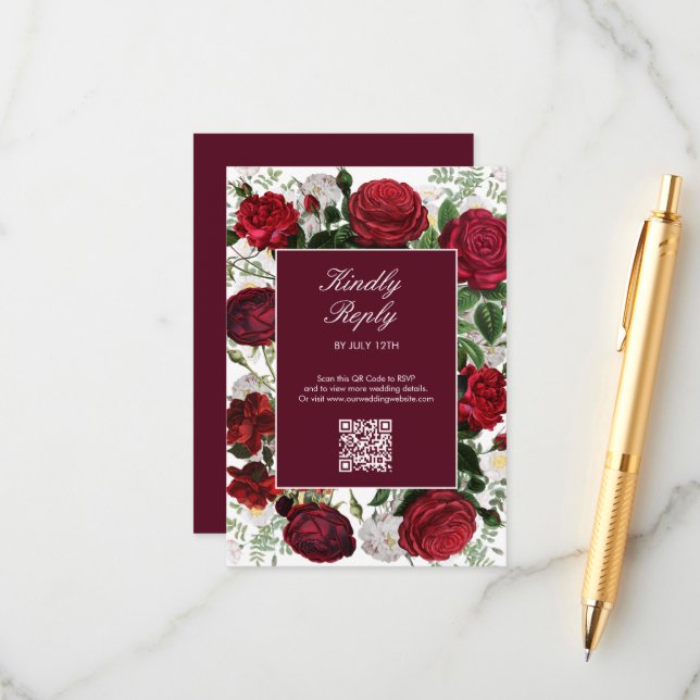 Cartão De Informações Casamento Elegante De Aquarela Floral Moderna Burg (Frente/Verso In Situ)