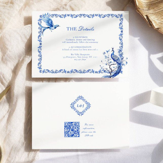 Cartão De Informações Casamento elegante de chinoiserie azul (Criador carregado)