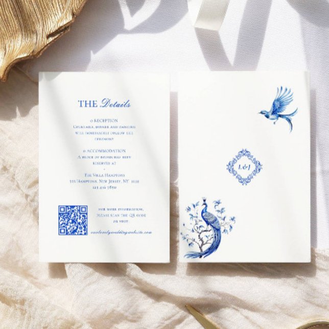 Cartão De Informações Casamento elegante de chinoiserie azul (Criador carregado)