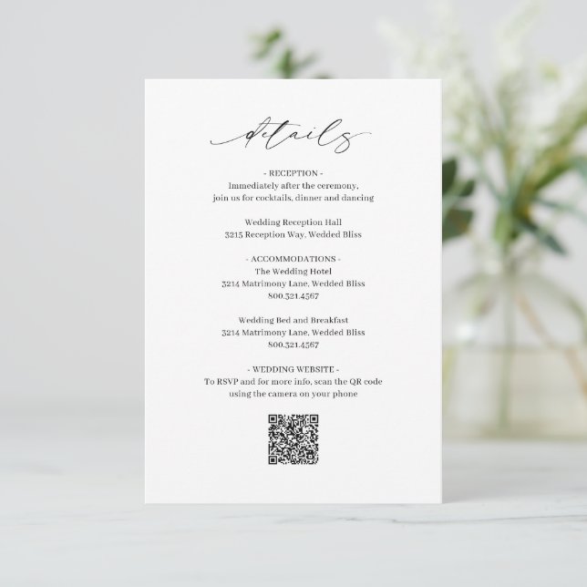 Cartão De Informações Casamento elegante de código QR preto e branco clá (Em pé/Frente)