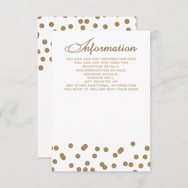 Cartão De Informações Casamento Elegante de Confetti Dourado Branco (Frente/Verso)
