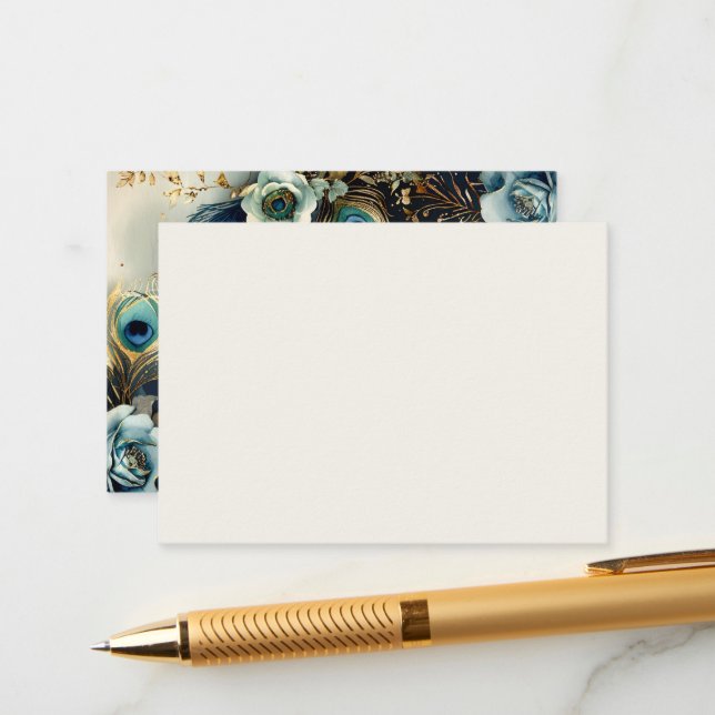 Cartão De Informações Casamento Elegante de Penas Peacock Celestial (Frente/Verso In Situ)