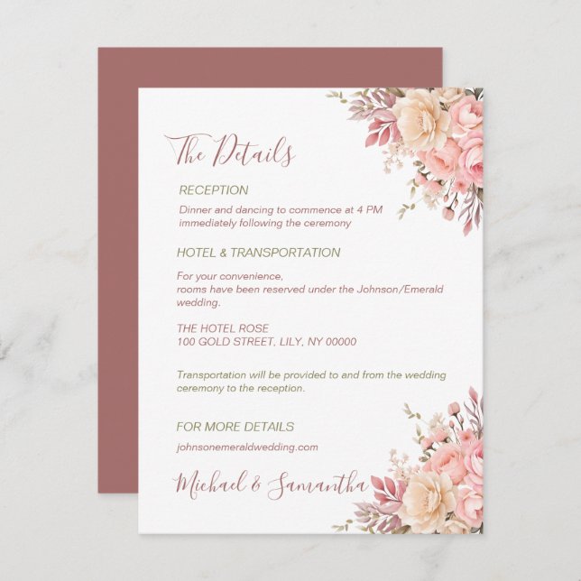 Cartão De Informações Casamento Elegante de Pink e Rosa de Marfim (Frente/Verso)