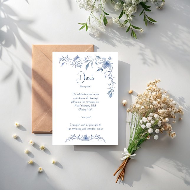 Cartão De Informações Casamento elegante de uma frita floral azul Dusty (Dusty blue floral greenery ribbon elegant wedding details enclosure card wedding invitation suite)