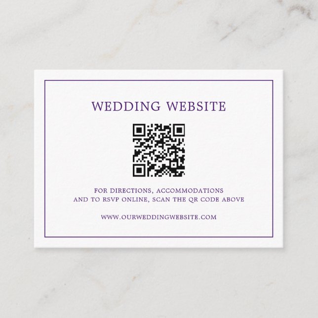 Cartão De Informações Casamento elegante do código QR do monograma roxo  (Frente)
