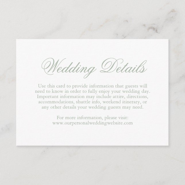 Cartão De Informações Casamento Elegante Formal Verde de Sage Tradiciona (Frente)