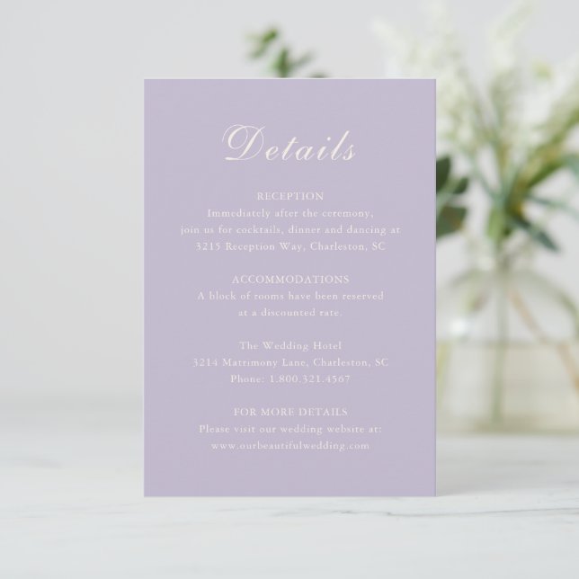 Cartão De Informações Casamento Elegante Lilac Clássico (Em pé/Frente)