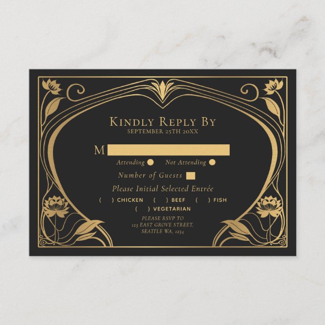 Cartão De Informações Casamento Elegante Lotus Art Nouveau (Frente)