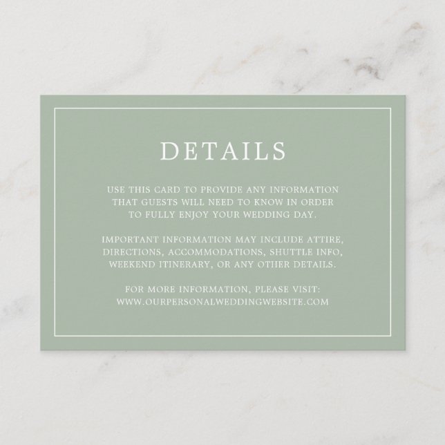 Cartão De Informações Casamento Elegante Monograma Verde de Sage Simples (Frente)