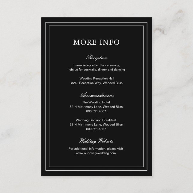 Cartão De Informações Casamento Elegante Negro Clássico (Frente)