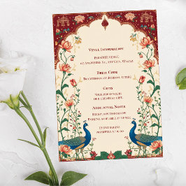 Cartão De Informações Casamento Elegante Pichwai com Pavão Indiano