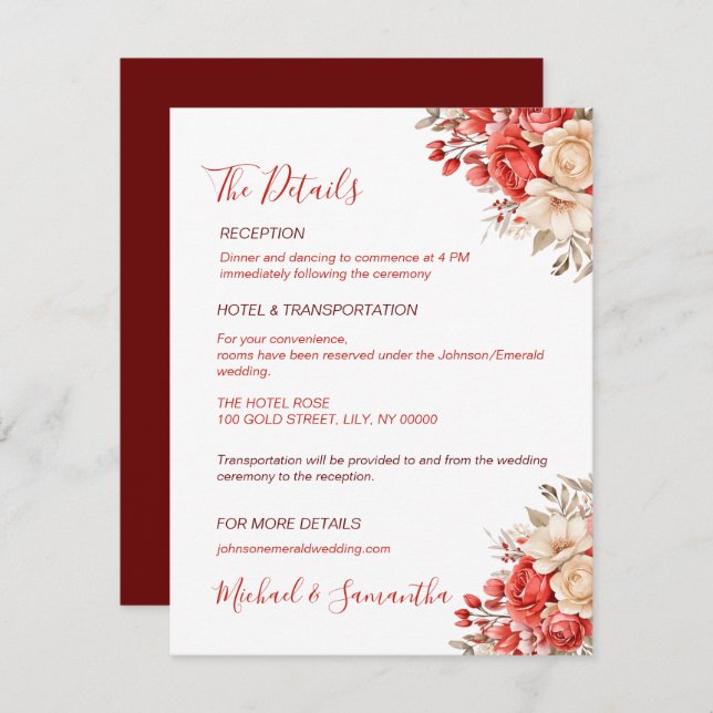 Cartão De Informações Casamento Elegante Vermelho e Rosa de Marfim (Frente/Verso)