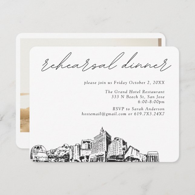 Cartão De Informações Casamento em San Jose CA Jantar de Rehearsal Elega (Frente/Verso)