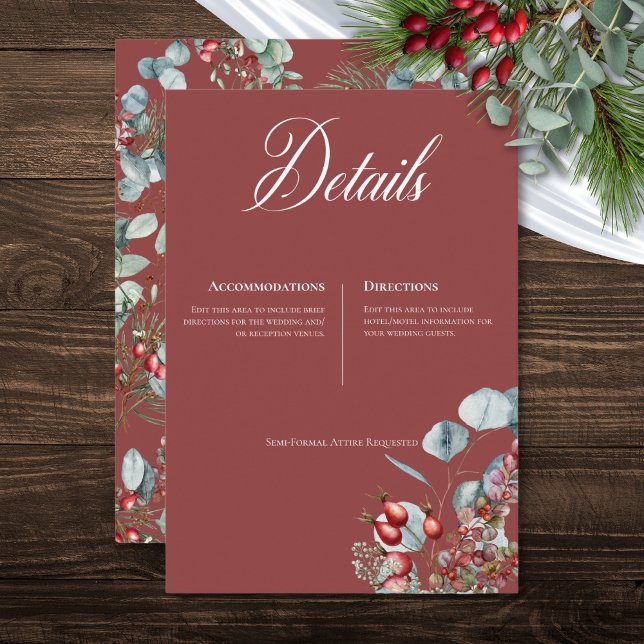 Cartão De Informações Casamento Eucalyptus com pinheiro vermelho (Red Winter Pine Berries Eucalyptus Wedding Enclosure Card)