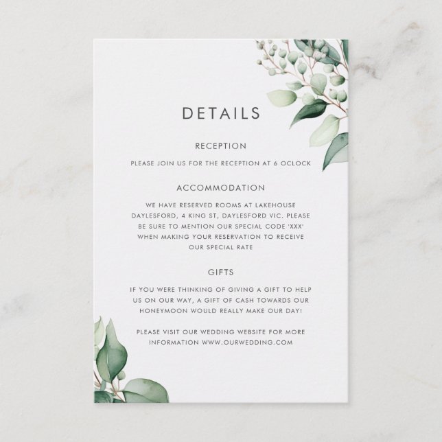 Cartão De Informações Casamento Eucalyptus Greenery Mínimo Elegante (Frente)