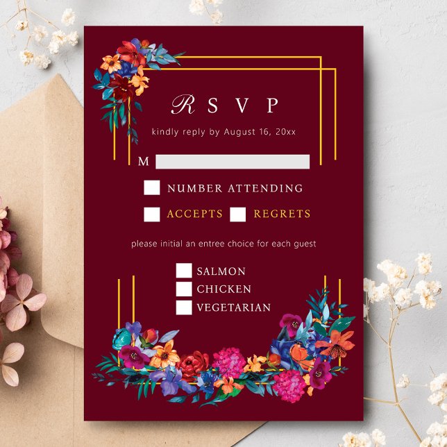 Cartão De Informações Casamento Flor Fiesta Mexicana Burgundy RSVP (Criador carregado)