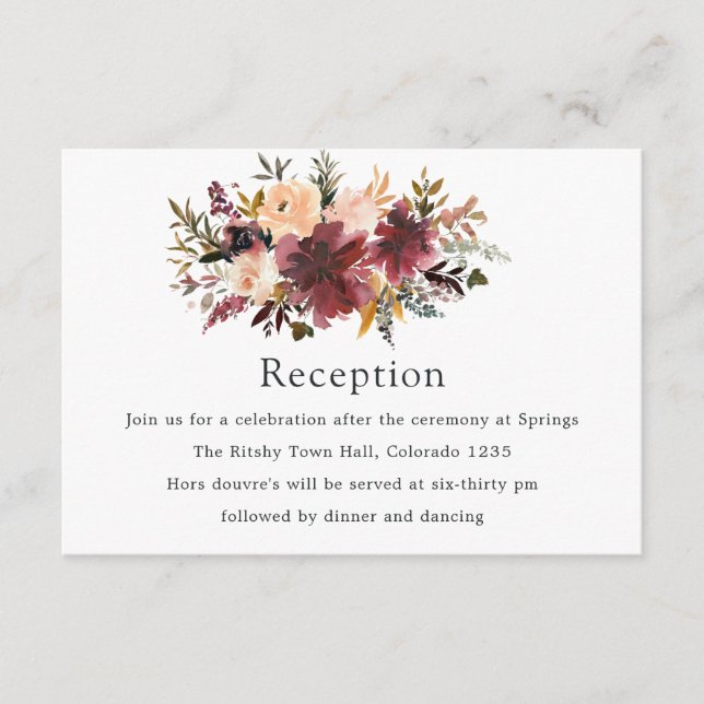 Cartão De Informações Casamento Floral Aquarela Bordo Peach (Frente)