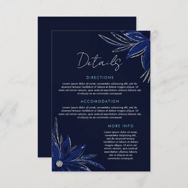 Cartão De Informações Casamento Floral Azul Chic Silver e Marinho (Frente/Verso)