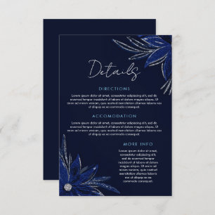 Cartão De Informações Casamento Floral Azul Chic Silver e Marinho